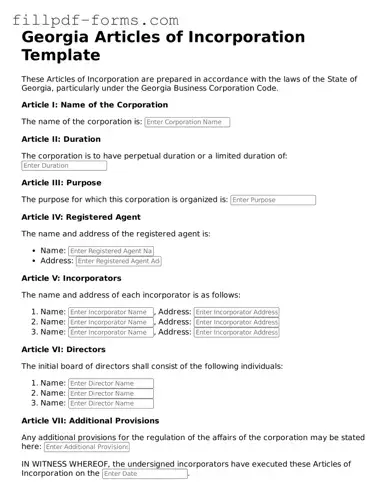 Fillable Articles of Incorporation Template for the State of Georgia