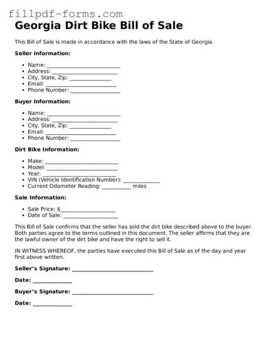 Fillable Dirt Bike Bill of Sale Template for the State of Georgia