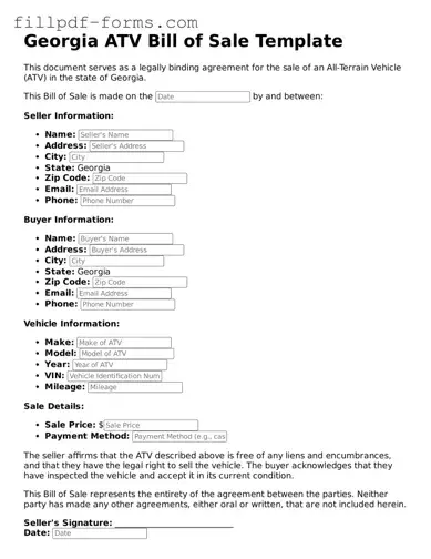 Fillable ATV Bill of Sale Template for the State of Georgia