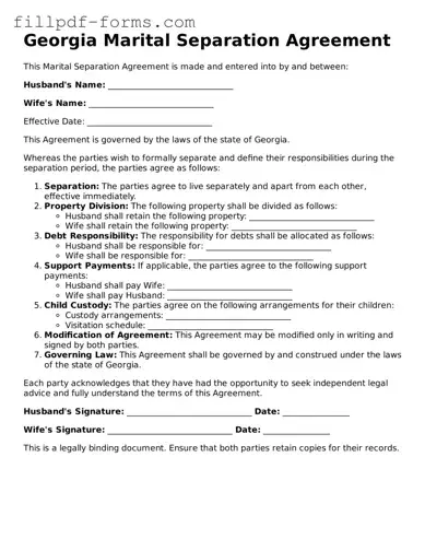 Fillable Marital Separation Agreement Template for the State of Georgia