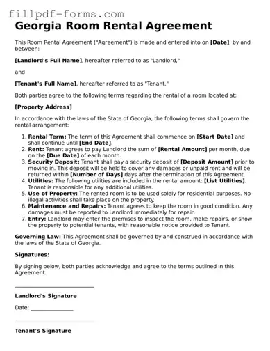 Fillable Room Rental Agreement Template for the State of Georgia