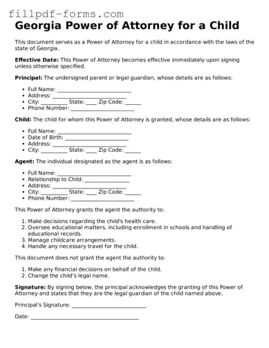 Fillable Power of Attorney for a Child Template for the State of Georgia