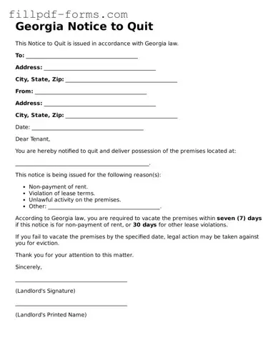 Fillable Notice to Quit Template for the State of Georgia