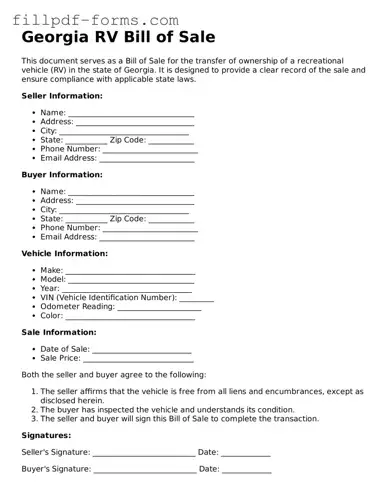 Fillable RV Bill of Sale Template for the State of Georgia