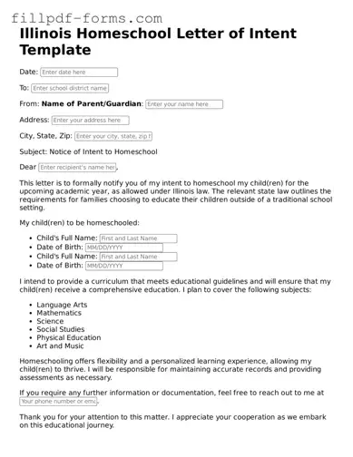 Fillable Homeschool Letter of Intent Template for the State of Illinois