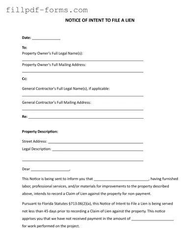 Intent To Lien Florida PDF Form