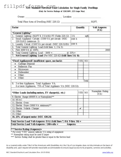 LADBS NEC Standard Electrical Load Calculation PDF Form