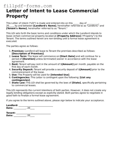 Fillable Letter of Intent to Lease Commercial Property Template
