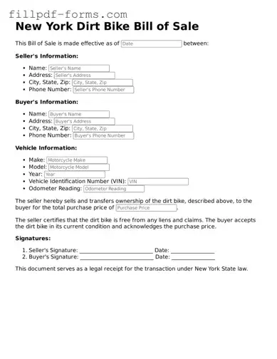 Fillable Dirt Bike Bill of Sale Template for the State of New York