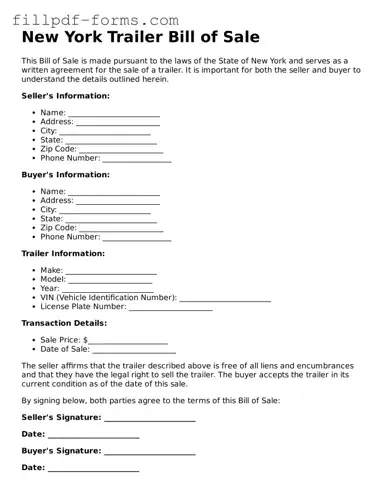Fillable Trailer Bill of Sale Template for the State of New York