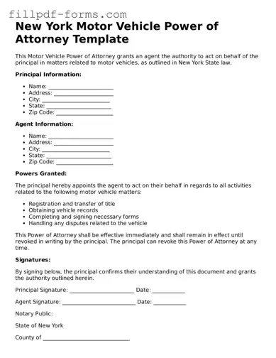 Fillable Motor Vehicle Power of Attorney Template for the State of New York