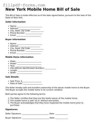 Fillable Mobile Home Bill of Sale Template for the State of New York