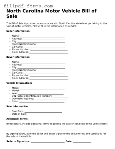 Fillable Motor Vehicle Bill of Sale Template for the State of North Carolina