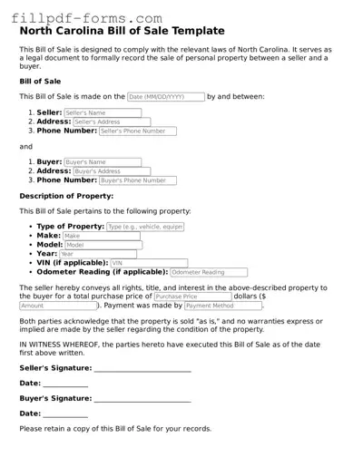 Fillable Bill of Sale Template for the State of North Carolina