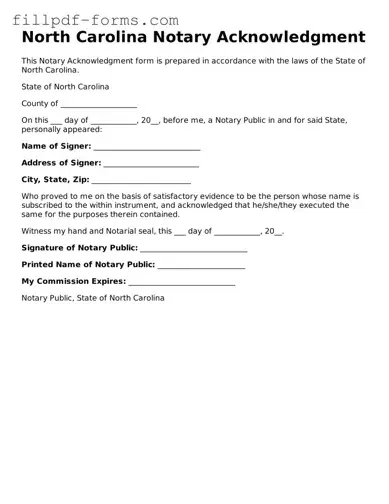 Fillable Notary Acknowledgement Template for the State of North Carolina