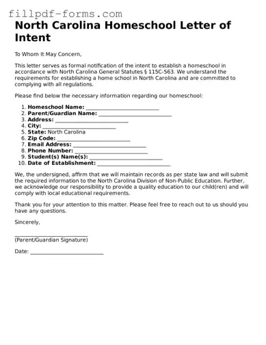 Fillable Homeschool Letter of Intent Template for the State of North Carolina