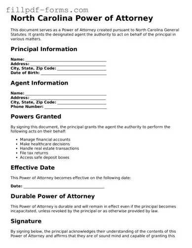 Fillable Power of Attorney Template for the State of North Carolina
