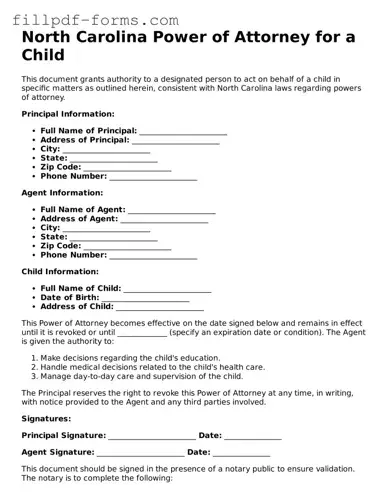 Fillable Power of Attorney for a Child Template for the State of North Carolina