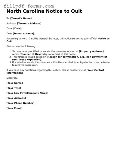 Fillable Notice to Quit Template for the State of North Carolina