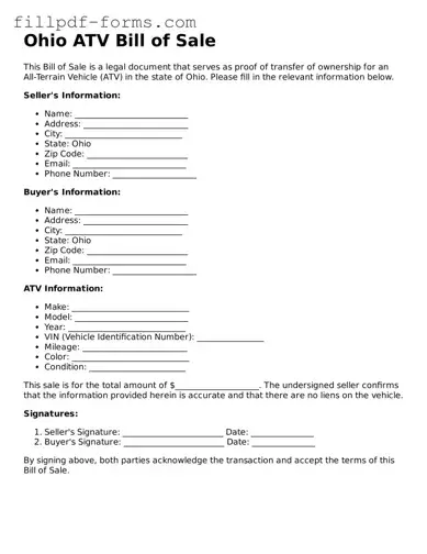 Fillable ATV Bill of Sale Template for the State of Ohio