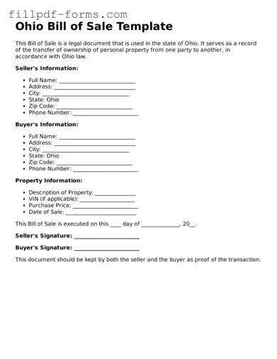 Fillable Bill of Sale Template for the State of Ohio