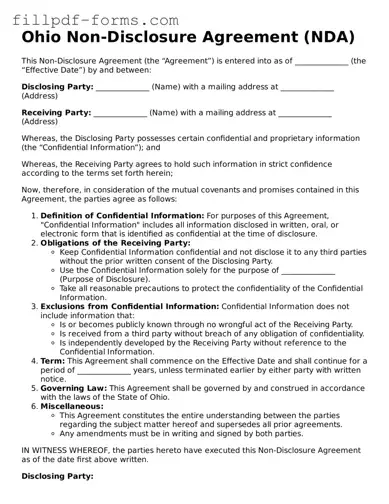 Fillable Non-disclosure Agreement Template for the State of Ohio