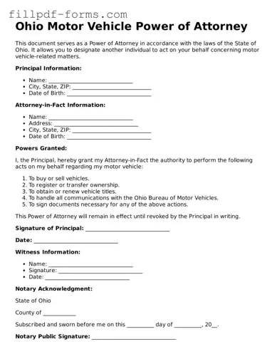 Fillable Motor Vehicle Power of Attorney Template for the State of Ohio
