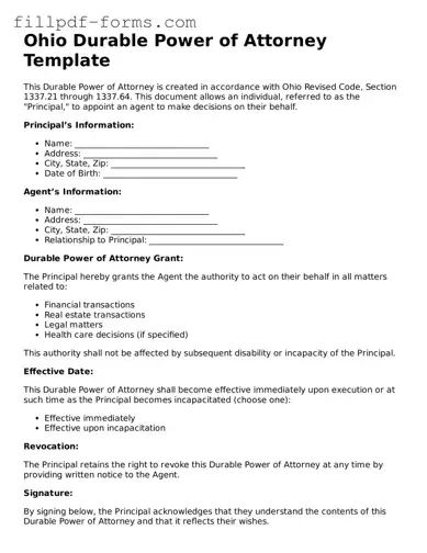 Fillable Durable Power of Attorney Template for the State of Ohio