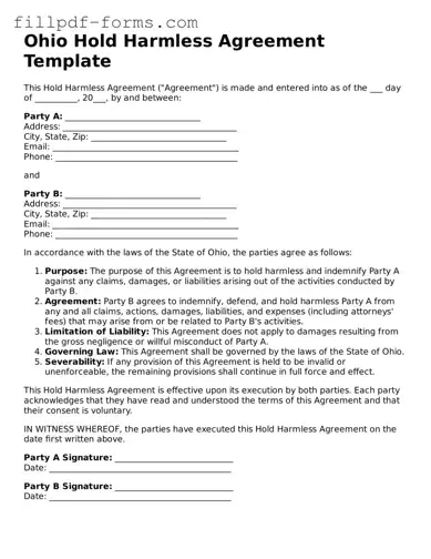 Fillable Hold Harmless Agreement Template for the State of Ohio