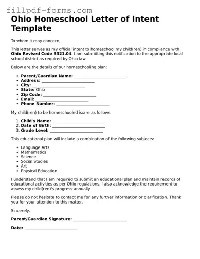 Fillable Homeschool Letter of Intent Template for the State of Ohio