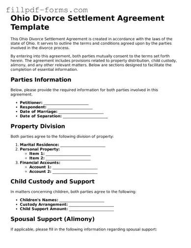 Fillable Divorce Settlement Agreement Template for the State of Ohio