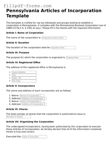 Fillable Articles of Incorporation Template for the State of Pennsylvania