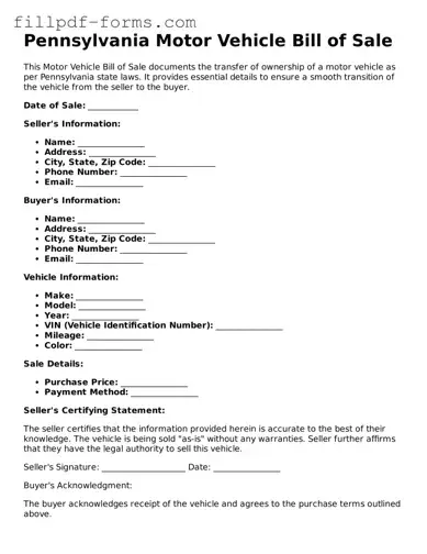 Fillable Motor Vehicle Bill of Sale Template for the State of Pennsylvania