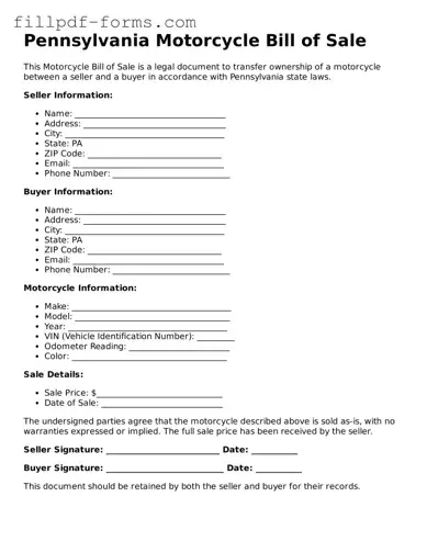 Fillable Motorcycle Bill of Sale Template for the State of Pennsylvania