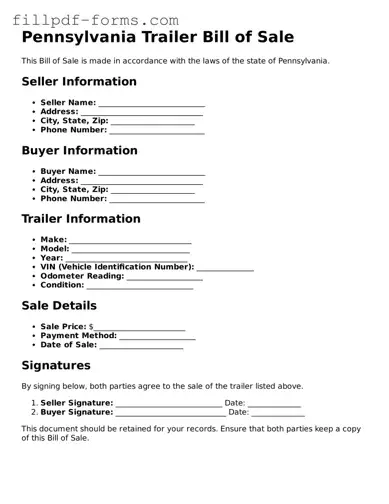 Fillable Trailer Bill of Sale Template for the State of Pennsylvania