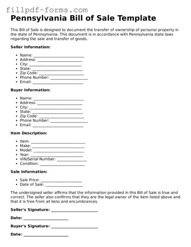 Fillable Bill of Sale Template for the State of Pennsylvania
