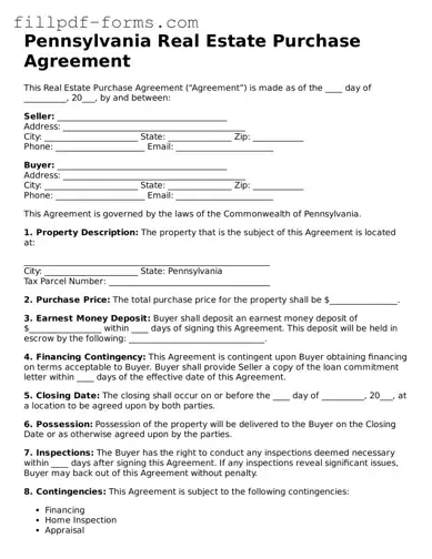 Fillable Real Estate Purchase Agreement Template for the State of Pennsylvania