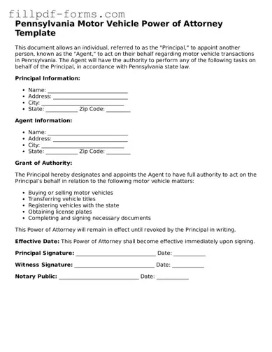Fillable Motor Vehicle Power of Attorney Template for the State of Pennsylvania