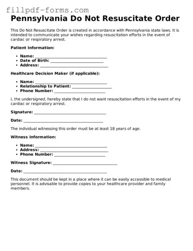 Fillable Do Not Resuscitate Order Template for the State of Pennsylvania