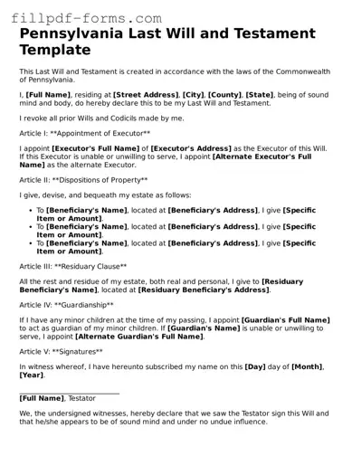 Fillable Last Will and Testament Template for the State of Pennsylvania