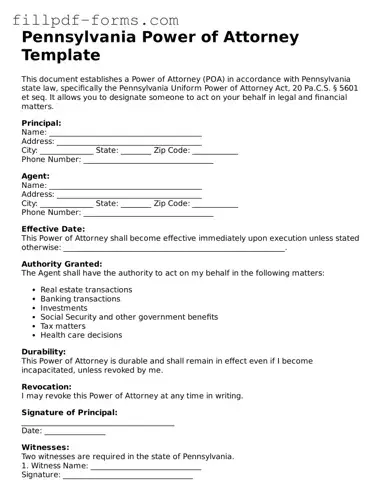 Fillable Power of Attorney Template for the State of Pennsylvania