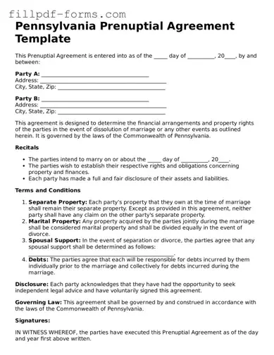 Fillable Prenuptial Agreement Template for the State of Pennsylvania