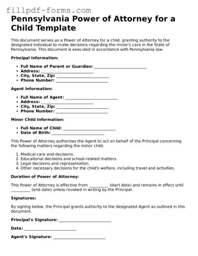 Fillable Power of Attorney for a Child Template for the State of Pennsylvania