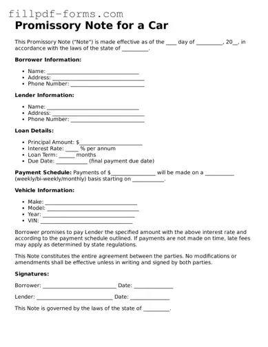 Fillable Promissory Note for a Car Template