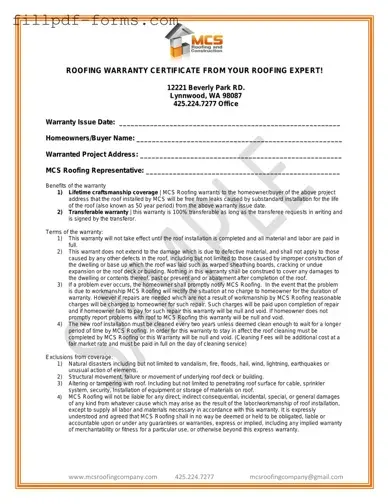 Roofing Warranty Certificate PDF Form