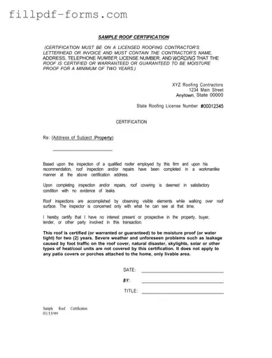 Sample Roof Certification PDF Form