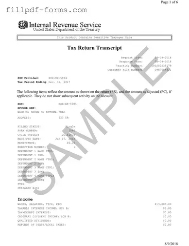 Sample Tax Return Transcript PDF Form