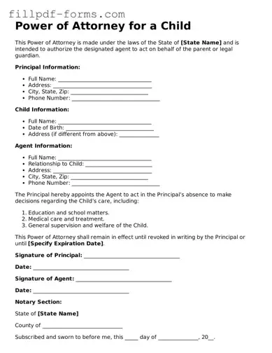 Fillable Power of Attorney for a Child Template