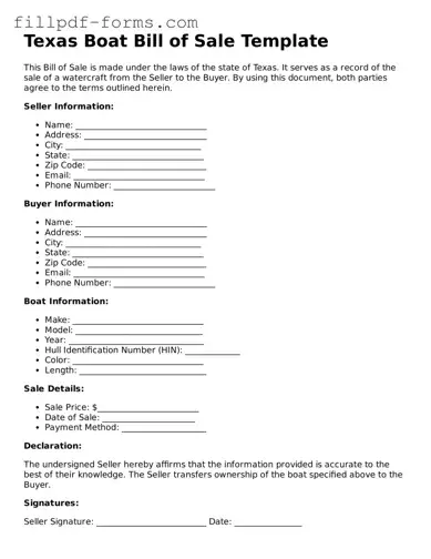 Fillable Boat Bill of Sale Template for the State of Texas
