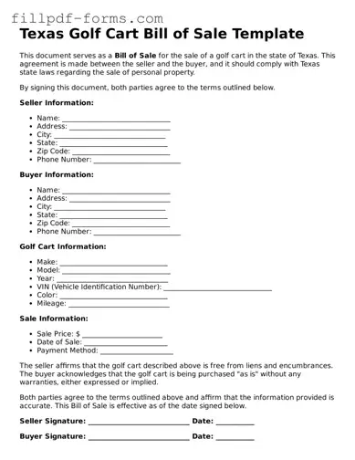 Fillable Golf Cart Bill of Sale Template for the State of Texas